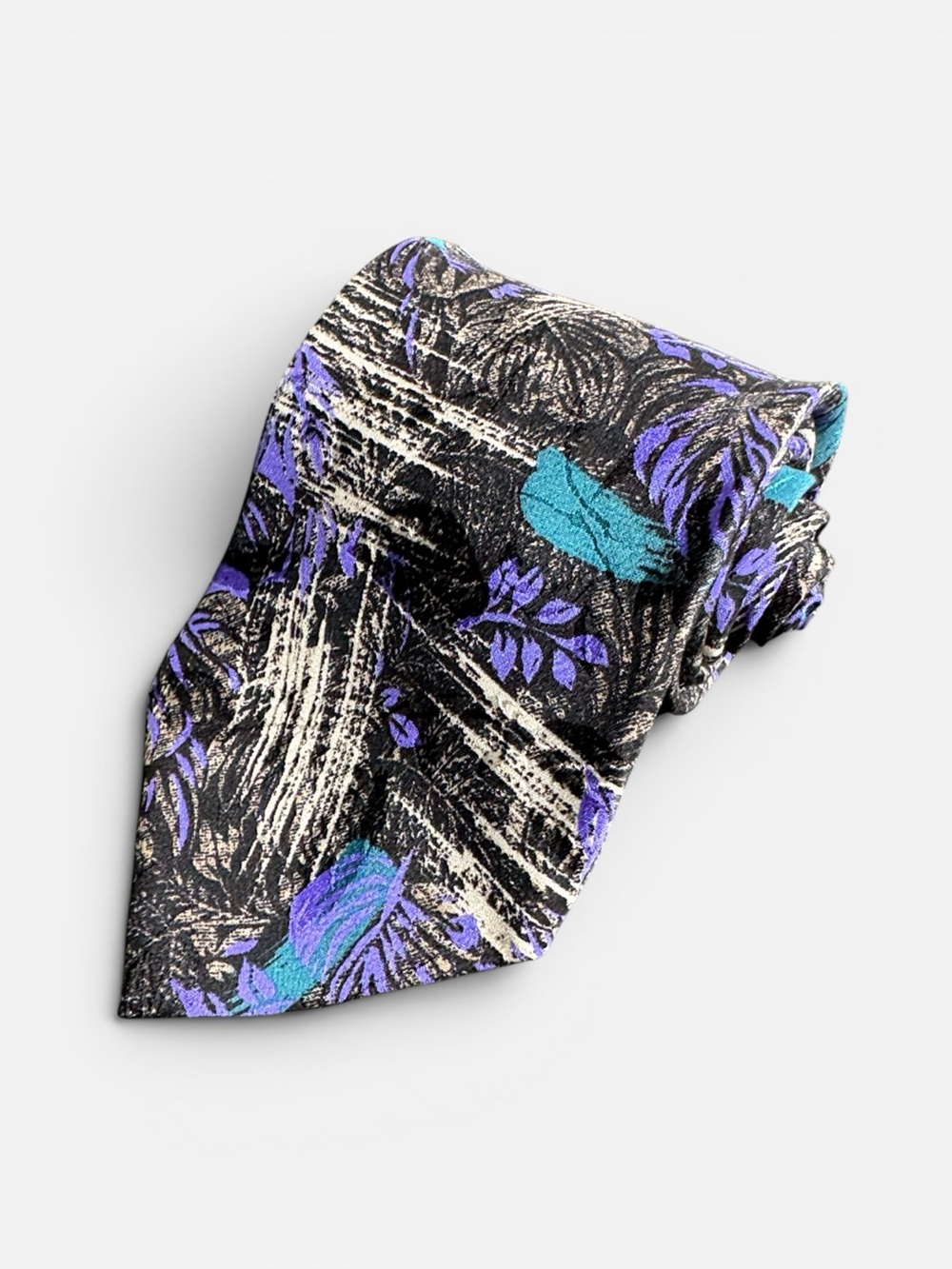 Pavone mens blue black floral abstract pattern 100% silk neck tie EUC